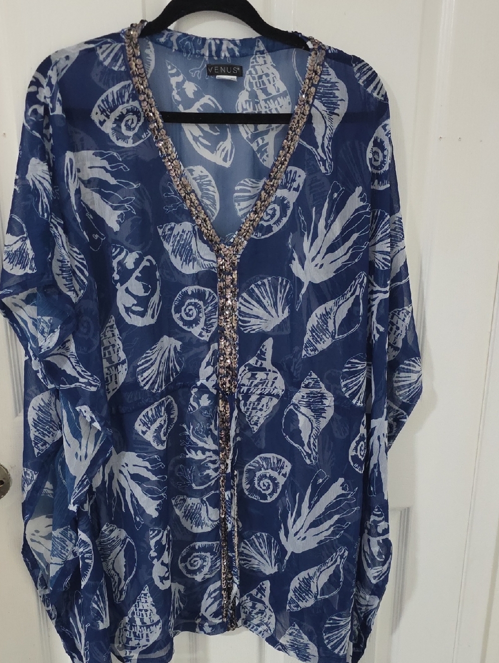 VENUS Navy Blue Sheer Shell-Print Tunic with Beaded Trim